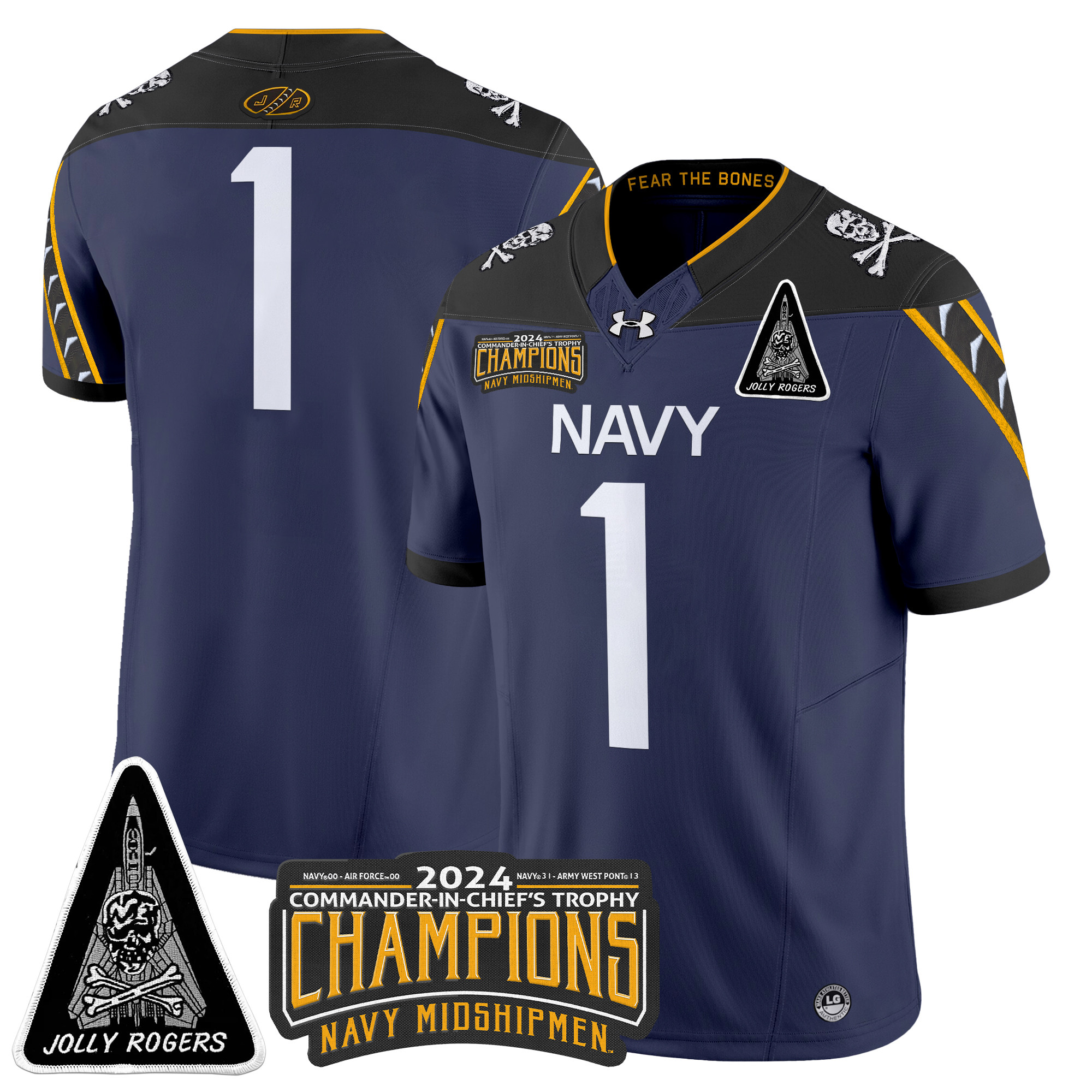 Men's Navy Midshipmen Jolly Rogers F-14 Tomcat & Champions Patch Vapor Limited Jersey - All Stitched