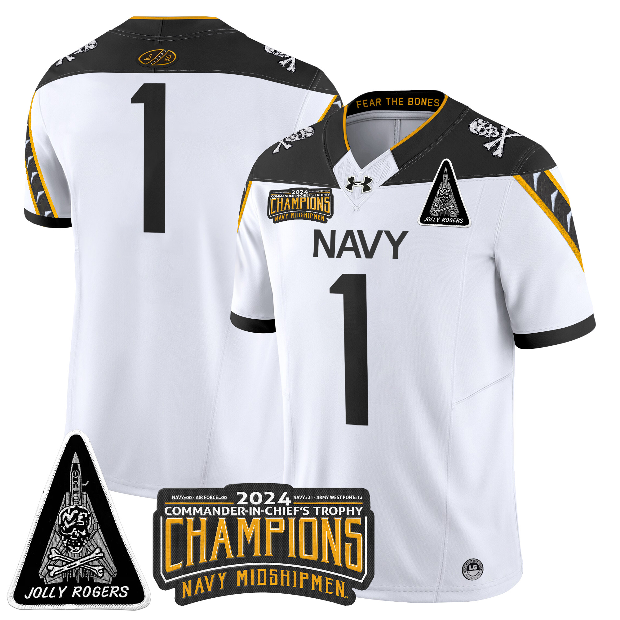 Men's Navy Midshipmen Jolly Rogers F-14 Tomcat & Champions Patch Vapor Limited Jersey - All Stitched