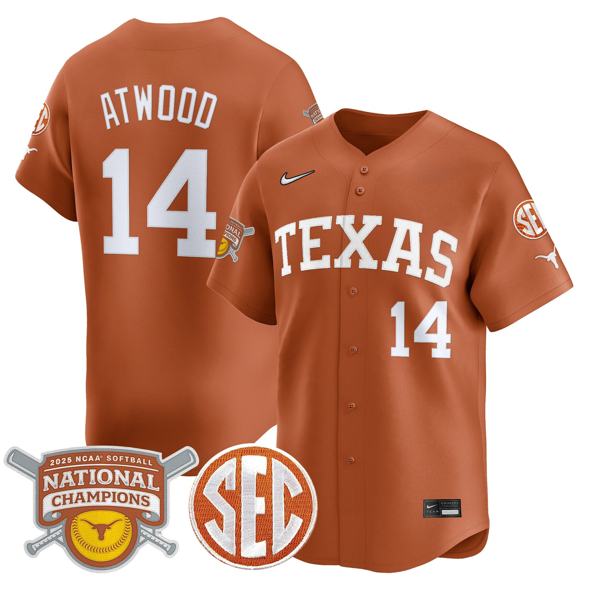 Men's size - Texas Longhorns 2025 Softball National Champions Vapor Premier Limited Jersey - All Stitched