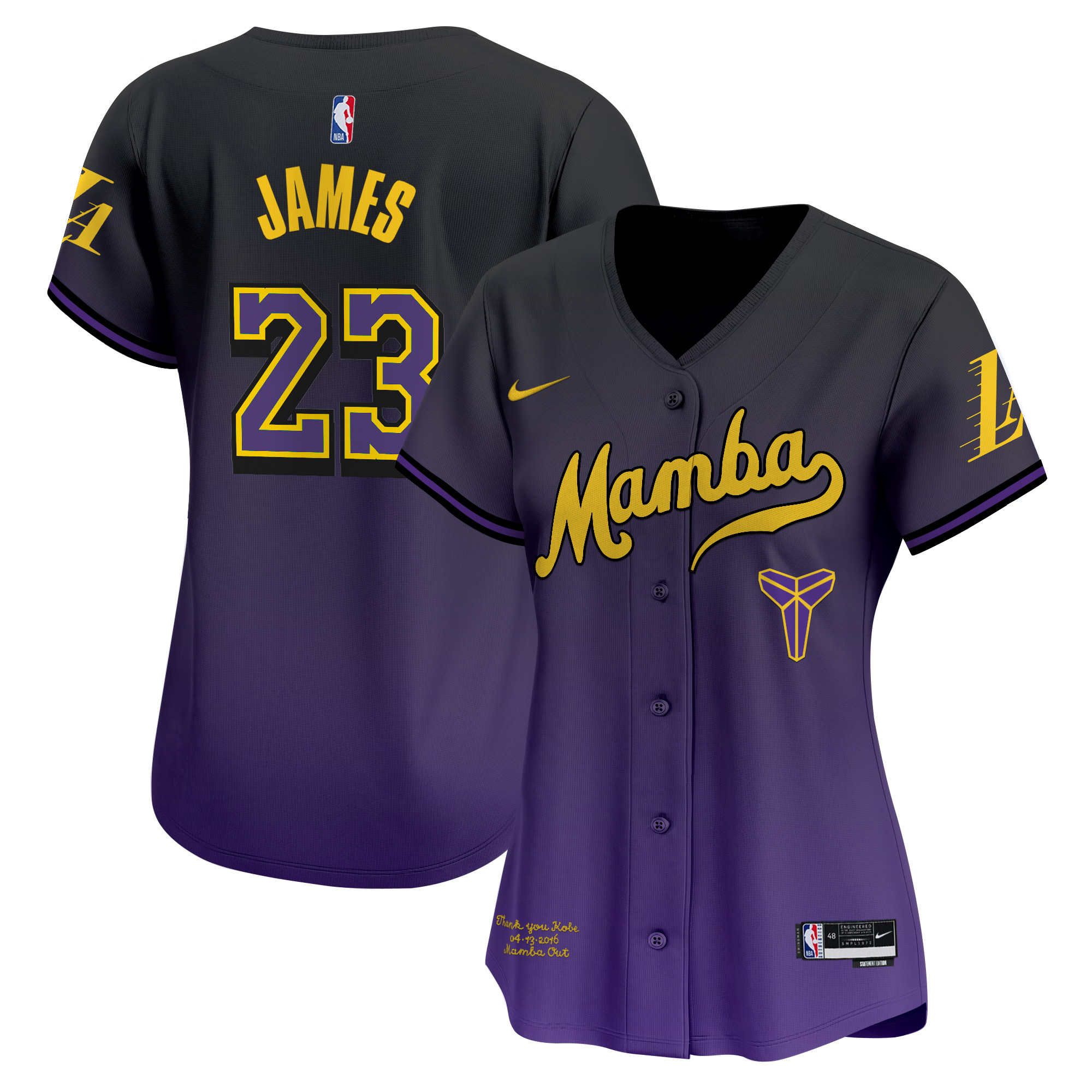 Women's Los Angeles Lakers Kobe Bryant Mamba Vapor Baseball Jersey - All Stitched