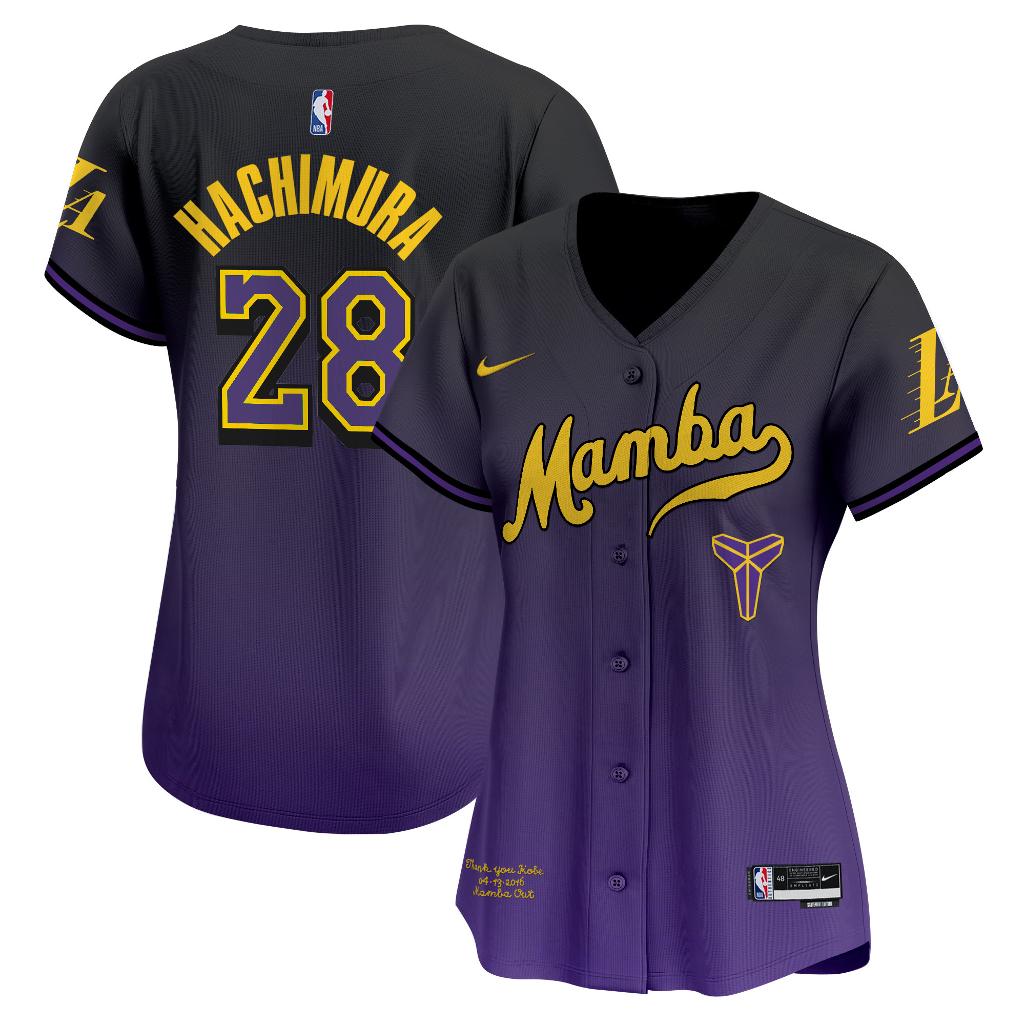 Women's Los Angeles Lakers Kobe Bryant Mamba Vapor Baseball Jersey - All Stitched