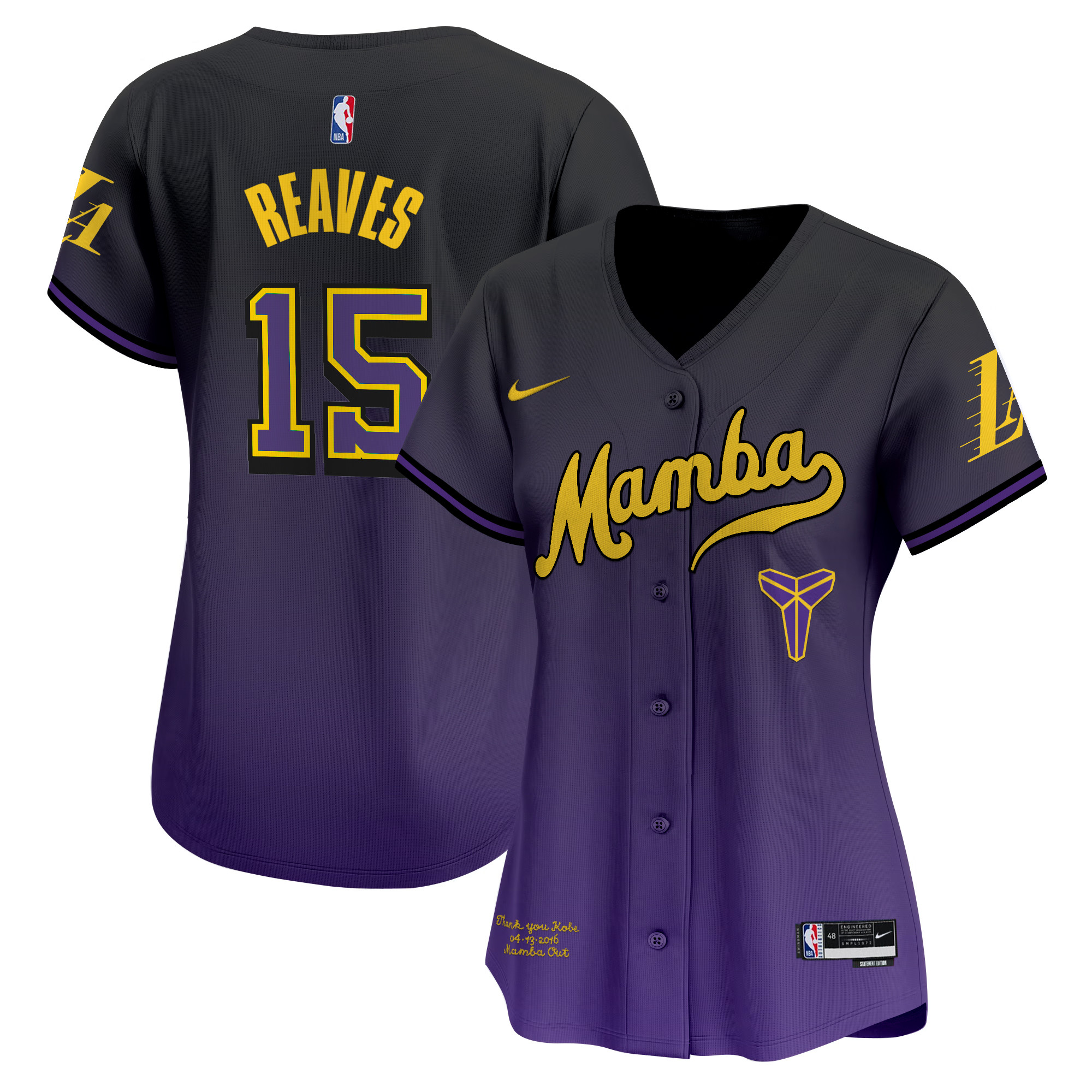 Women's Los Angeles Lakers Kobe Bryant Mamba Vapor Baseball Jersey - All Stitched