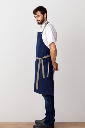 Premium Chef Apron Navy Blue Canvas with Tan Straps, Handcrafted for Kitchen and Restaurant Professionals