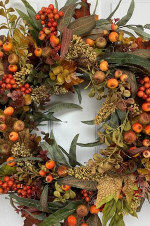 Autumnal Embrace Fall Wreath Adorned with Vibrant Foliage and Berries