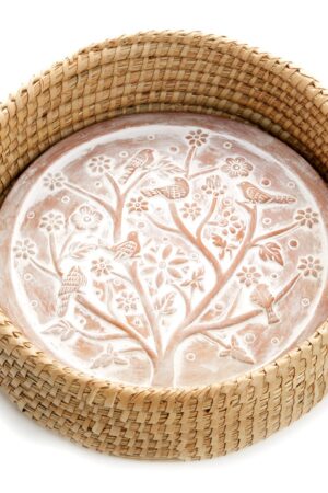 Birds of a Feather Bread Basket with Terracotta Warmer Nature's Embrace for Warm, Fresh Bread