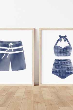 Vintage Swimsuit Art Prints Watercolor Beach Decor for a Nautical Home