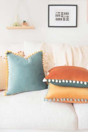 Colibri Set Vibrant Pom Pom Throw Pillow Covers for a Touch of Boho Chic (Orange/Teal)