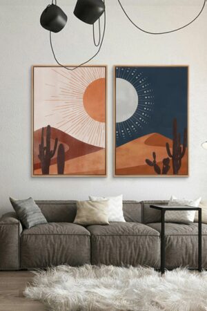 Southwest Serenity Framed Canvas Wall Art Set of 2 - Desert Landscape with Sun, Moon, Cactus, and Joshua Tree