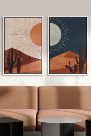 Southwest Serenity Framed Canvas Wall Art Set of 2 - Desert Landscape with Sun, Moon, Cactus, and Joshua Tree