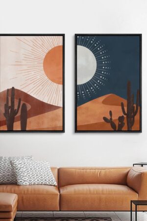 Southwest Serenity Framed Canvas Wall Art Set of 2 - Desert Landscape with Sun, Moon, Cactus, and Joshua Tree