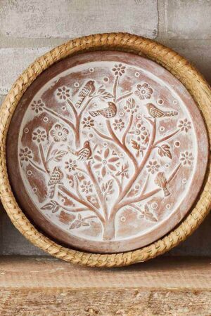 Birds of a Feather Bread Basket with Terracotta Warmer Nature's Embrace for Warm, Fresh Bread