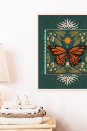 Boho Monarch Butterfly Art Vibrant Floral Folk Art and Butterfly Illustration, Native Milkweed and Sun Insect Wall Decor, Flora and Fauna Print