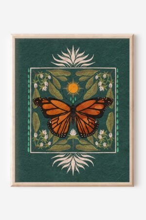 Boho Monarch Butterfly Art Vibrant Floral Folk Art and Butterfly Illustration, Native Milkweed and Sun Insect Wall Decor, Flora and Fauna Print