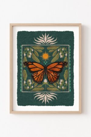 Boho Monarch Butterfly Art Vibrant Floral Folk Art and Butterfly Illustration, Native Milkweed and Sun Insect Wall Decor, Flora and Fauna Print