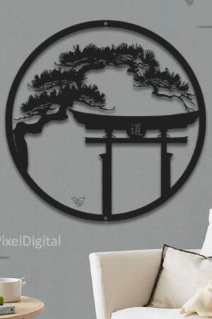 Japanese Metal Art Bonsai Tree Wall Art with Tori Gate - Inspired by Japanese Culture