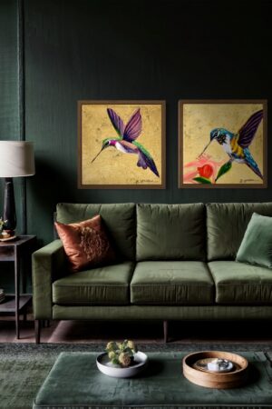 Handcrafted Hummingbird Gold Leaf Painting Illuminate Your Walls with Nature's Grace