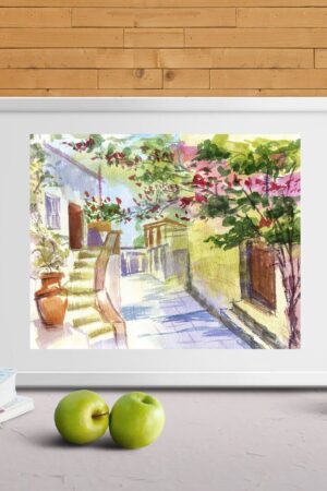 Mykonos Painting Capture the Enchanting Beauty of Greece with MikashArt's Original Watercolor Print