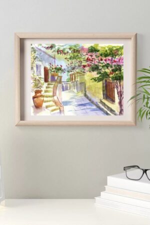 Mykonos Painting Capture the Enchanting Beauty of Greece with MikashArt's Original Watercolor Print