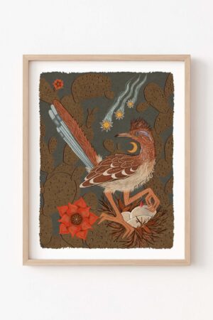 Desert Oasis Roadrunner, Nest, and Cactus Nature Print - Celestial Southwestern Wall Art