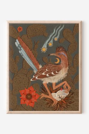 Desert Oasis Roadrunner, Nest, and Cactus Nature Print - Celestial Southwestern Wall Art