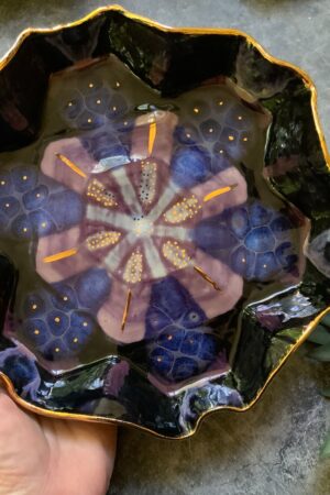 Geometric Elegance Purple and Black Ceramic Dish with Gold Luster