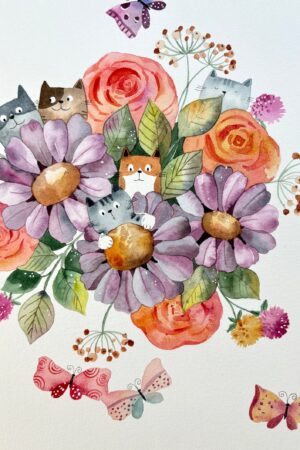 Original Hand-Painted Watercolor Cat Art Vibrant Nursery Decor for Kids' Rooms