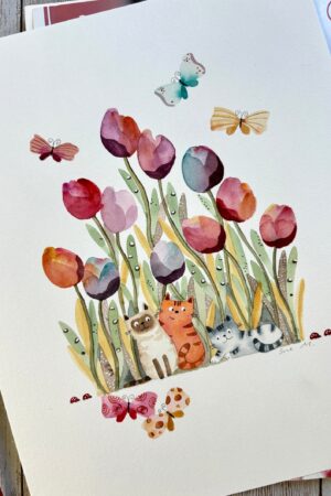 Original Hand-Painted Watercolor Art Vibrant Cats and Butterflies Dance on Canvas