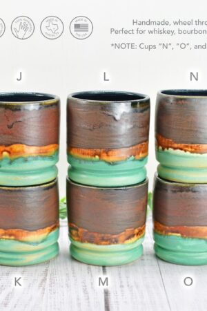 Handmade Ceramic Whiskey Bourbon Tumblers Unique Anniversary or Groomsmen Gift in Bronze, Patina Green, and Turquoise