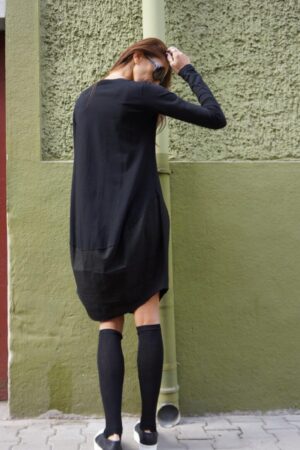 Aakasha A02546 Oversized Black Tunic - Linen Cotton, Loose Casual Top, Extravagant Long Sleeve Dress