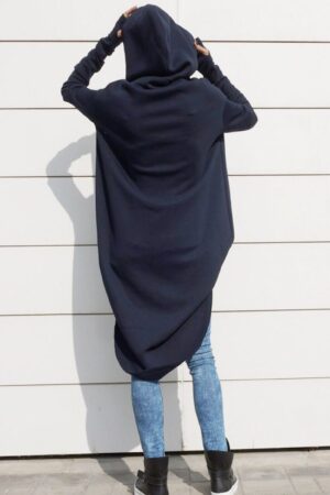 Navy Blue Extravarant Maxi Asymmetrical Hoodie Fleece Cotton Warm Top A08023