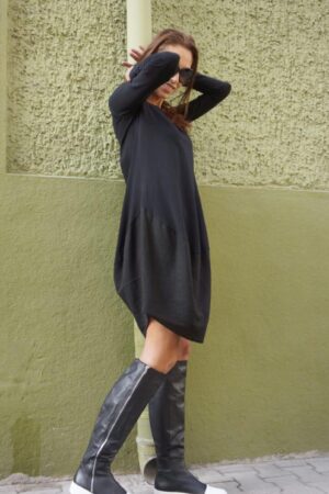 Aakasha A02546 Oversized Black Tunic - Linen Cotton, Loose Casual Top, Extravagant Long Sleeve Dress