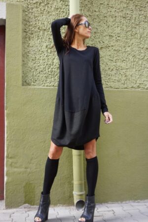 Aakasha A02546 Oversized Black Tunic - Linen Cotton, Loose Casual Top, Extravagant Long Sleeve Dress