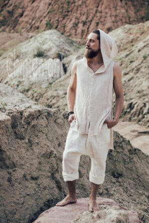 Raw Cotton Man Hooded Shirt Boho Big Hood Vest for Men's Bohemian Style