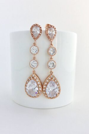 Sparkling Elegance Elongated Rose Gold Crystal Earrings for Bridal and Bridesmaid Adornment