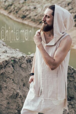 Raw Cotton Man Hooded Shirt Boho Big Hood Vest for Men's Bohemian Style