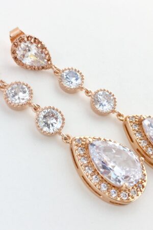 Sparkling Elegance Elongated Rose Gold Crystal Earrings for Bridal and Bridesmaid Adornment