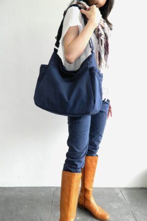 Navy Blue Canvas Hobo Diaper Bag with Zipper Vegan Travel Messenger Bag, Personalized Baby Shower Gift Set - No. 101 RENEE