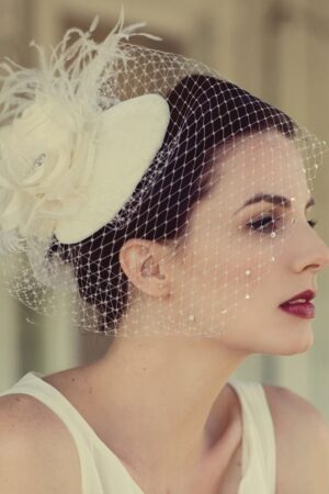 Enchanting Victorian Bridal Veil Ivory Birdcage Blusher with Crystal, Feather Fascinator, and Customizable Silk Flowers