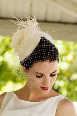 Enchanting Victorian Bridal Veil Ivory Birdcage Blusher with Crystal, Feather Fascinator, and Customizable Silk Flowers