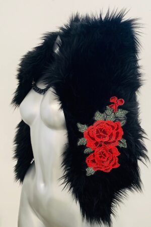 Black with Red Roses Unreal Faux Fur Shrug with Red Rose Floral Appliques