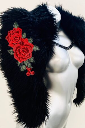 Black with Red Roses Unreal Faux Fur Shrug with Red Rose Floral Appliques