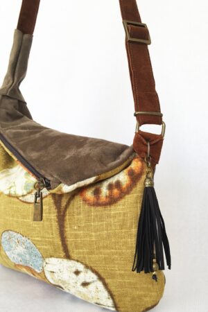 Rustic Linen Print Hobo Crossbody Bag A Bohemian Rhapsody in Mustard Yellow