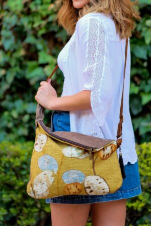 Rustic Linen Print Hobo Crossbody Bag A Bohemian Rhapsody in Mustard Yellow