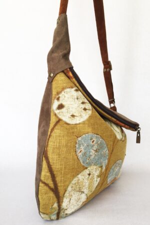 Rustic Linen Print Hobo Crossbody Bag A Bohemian Rhapsody in Mustard Yellow