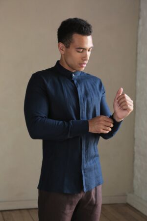 Timeless Elegance Dark Blue Linen Shirt for Men, Perfect for Weddings and Summer Soirees