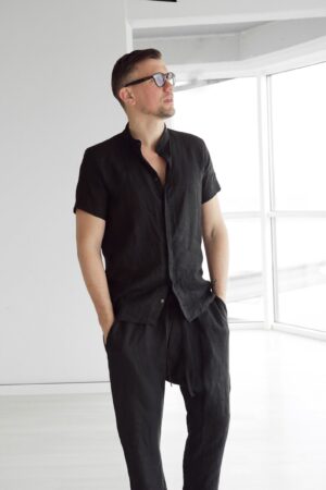 Timeless Elegance Black Linen Sleeveless Dress Shirt for Men