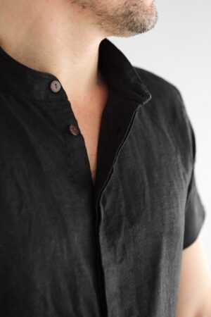 Timeless Elegance Black Linen Sleeveless Dress Shirt for Men