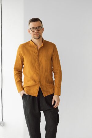 Saffron Linen Band Collar Shirt A Timeless Classic for Elegant Occasions