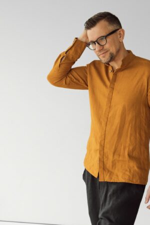 Saffron Linen Band Collar Shirt A Timeless Classic for Elegant Occasions