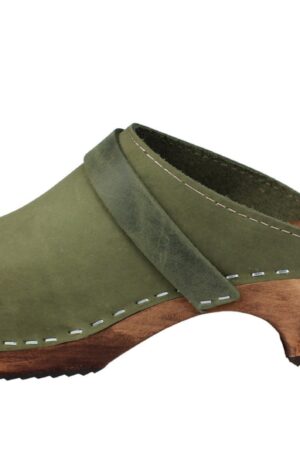 Lotta from Stockholm Classic Green Oiled Nubuck Leather Clogs - Handmade Swedish Comfort